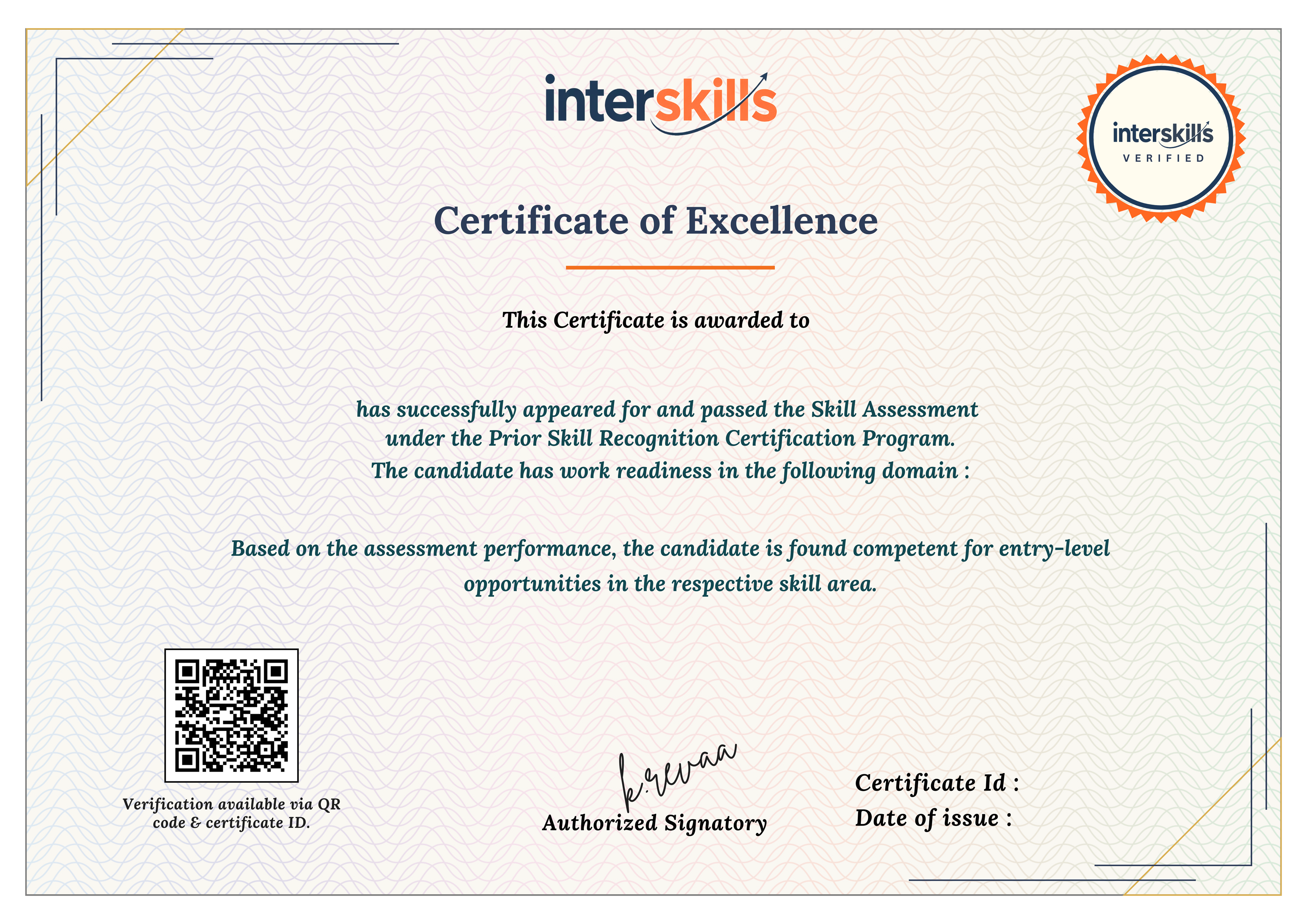 Interskills Certificate of Excellence template